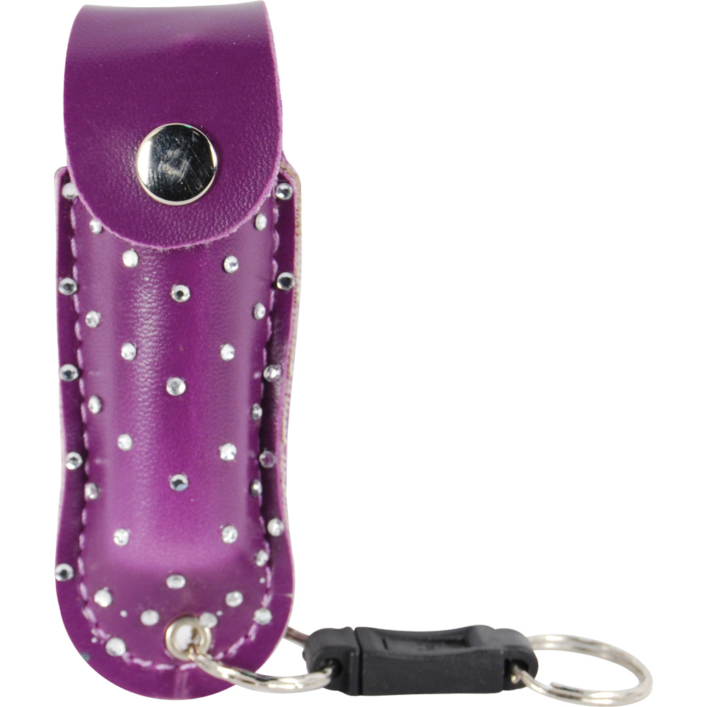 Pepper Shot 1.2% MC 1/2 oz rhinestone leatherette holster and quick release keychain purple view 3